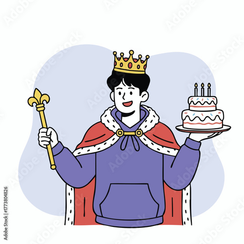 Cartoon illustration of a young man wearing a crown and royal cape, holding a birthday cake and scepter