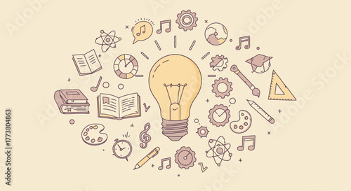 Fuel creativity with these charming back-to-school icons! Books, clocks, music, and art supplies surround a lightbulb, perfect for educational materials and inspiring young minds.