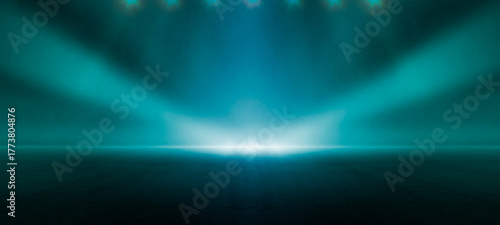 Dark blue stage with fog glow, neon spotlights, and smoky street floor studio. Abstract futuristic background for concert, product display, banner, Halloween event design in spooky atmosphere.