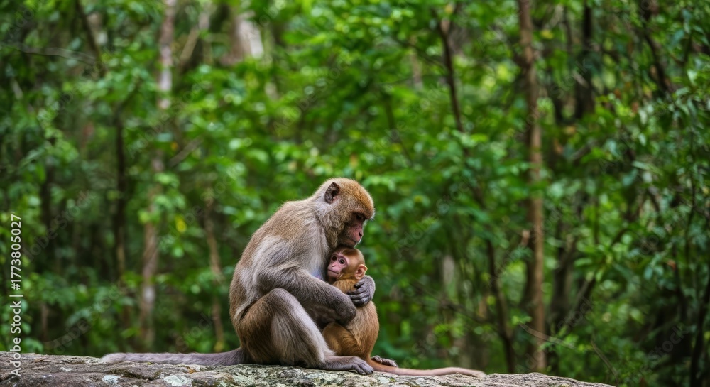 Obraz premium Mother and Baby Monkey Embracing in Tropical Jungle
