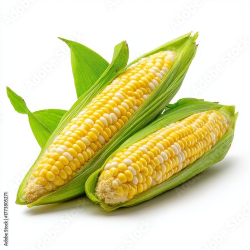 Fresh corn cobs with vibrant green leaves, showcasing the natural beauty of harvest