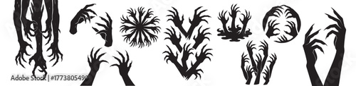 Black silhouette vector of creepy clawed hands and long nails, horror design set, eerie minimal art isolated on transparent background