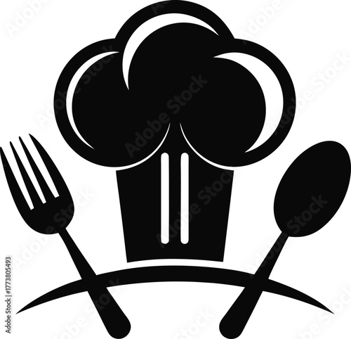 heft hat with spoon and fork inside silhouette vector icon , black and white , white background