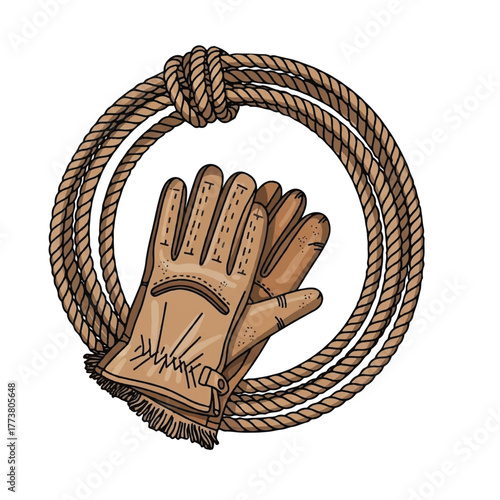 a western rope loop placed beside an aged glove, vintage aesthetic vector composition