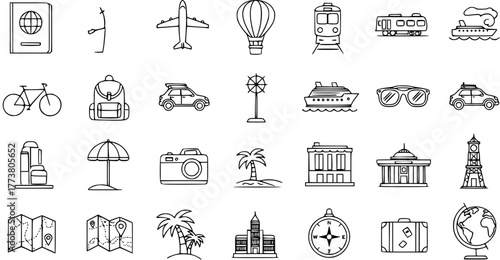 Travel Icons: Passport, Airplane, Backpack  Cruise Ship - Outline Design