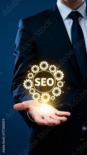 Businessman holding glowing SEO gear symbol in hand, representing search engine optimization technology