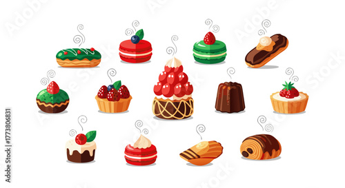 Exquisite pastries and desserts in festive red and green tones - a set of flat vector images for pastry shop menus, holiday advertising, bakery branding, and sweet content