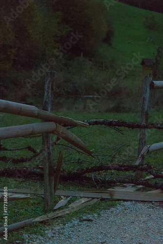 A wooden split-rail fence with broken and moss-covered sections borders a gravel path next to a grassy area and dark trees in the evening