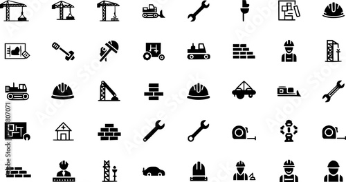Construction Icons: Black  White Vector Set of Building Equipment, Tools, Vehicles  Workers
