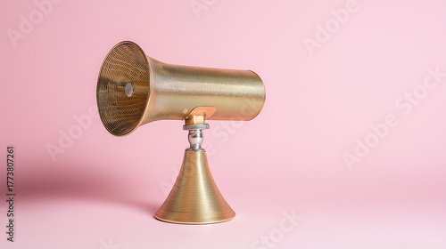 declaration. Classic announcement device on simple pastel backdrop, product launch decks, UI/UX mockups, data dashboards, designed for product launches and innovation pitches, used by researchers.