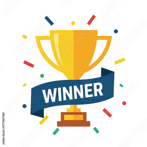 Winner Trophy Illustration: Gold Cup with Blue Ribbon Banner and Confetti Celebrating Victory
