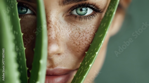 Close-up portrait of young woman with freckles and green eyes partially hidden behind aloe vera leaf, representing natural beauty and skincare.