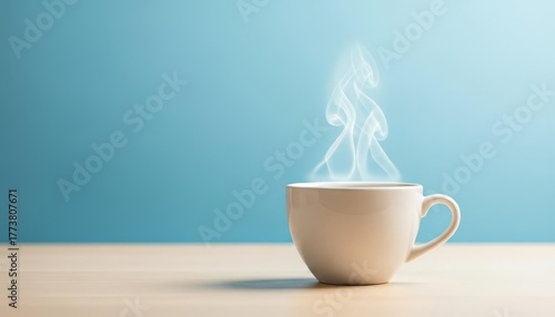 Steaming White Coffee Mug on Wooden Table with Blue Background