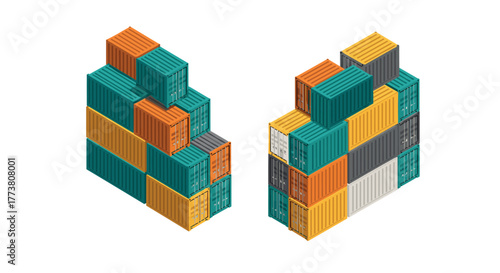 Isometric shipping containers set in multiple colors and arrangements for logistics and transport design