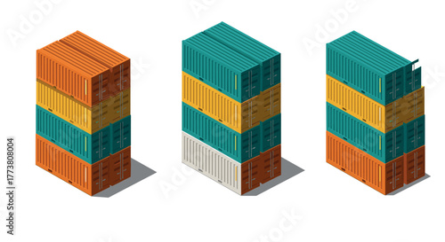 Stacked shipping containers in isometric design on a white background