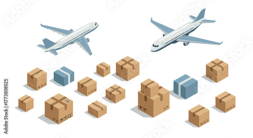 Isometric air freight concept with cargo boxes and airplanes