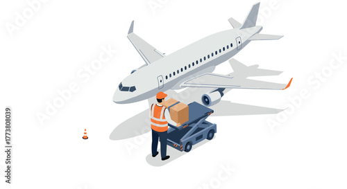 Airport logistics with worker loading cargo onto airplane in detailed isometric design