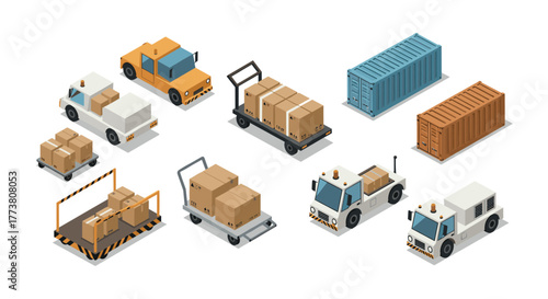 Isometric logistics icons featuring trucks, containers, and cargo in modern design