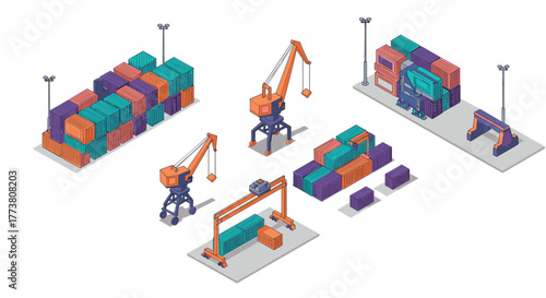 Isometric cargo shipping hub cranes, containers, and modern logistics design