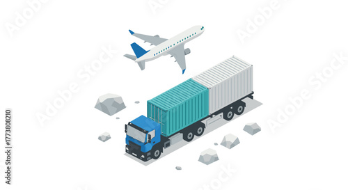 Isometric cargo transportation plane and truck with containers on white background