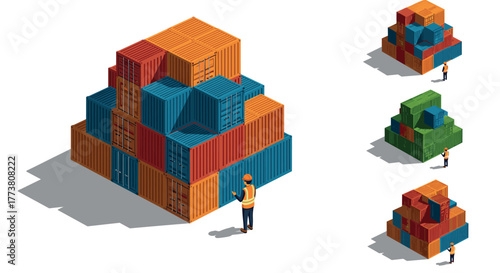 Isometric shipping containers with worker in safety gear