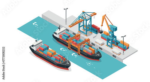 Isometric cargo port with container ships and cranes in a modern harbor scene