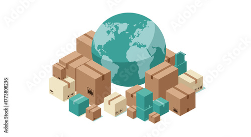 Global shipping and logistics concept with cardboard boxes and world map in isometric style