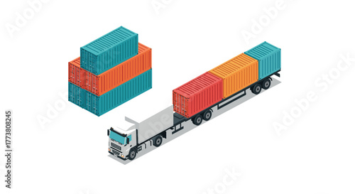 Isometric illustration of shipping containers and freight truck on white background