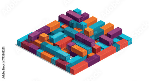 Colorful isometric shipping containers arranged in geometric formation