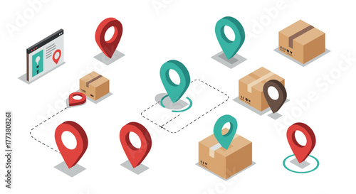 Isometric package delivery with location pins and dotted routes
