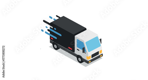 Fast delivery isometric truck with motion lines on white background