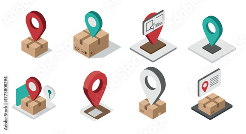 Isometric location pins on delivery boxes and maps for logistics and navigation concepts