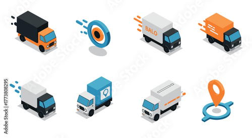 Isometric delivery trucks and location markers in motion