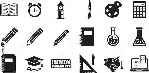 Black and white education science technology and art icons set