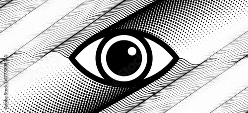 Halftone eye abstract illustration – black and white vision concept with wavy dotted pattern.