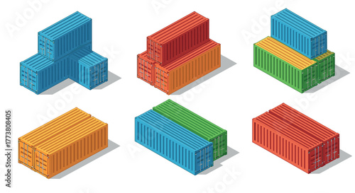 Colorful isometric shipping containers collection on white background