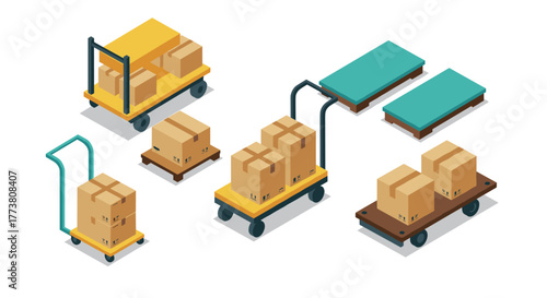 Isometric cart and trolley set with boxes and pallets on wheels