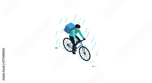 Cyclist delivering in the rain isometric illustration of bike courier