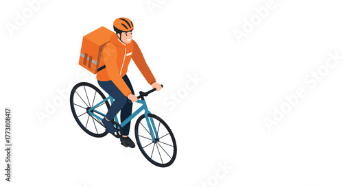 Delivery cyclist in orange jacket riding bicycle with large backpack in isometric style