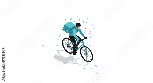 Urban cyclist delivering in rain with modern isometric style