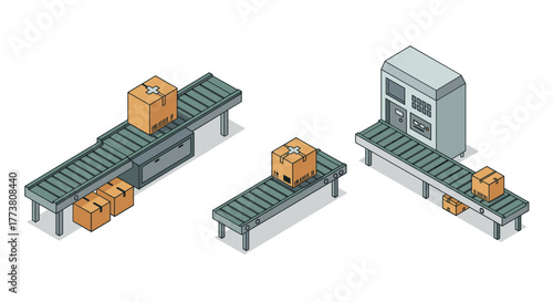 Isometric conveyor belt system with boxes for warehouse automation and logistics efficiency