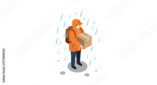 Isometric delivery person in rainy weather with package and backpack