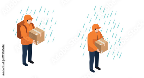 Isometric courier delivering package in rainy weather