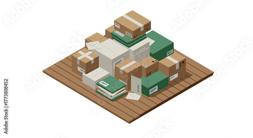 Isometric shipment boxes and envelopes on wooden pallet concept