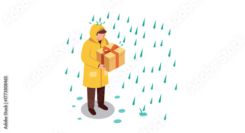 Delivery person in rain with package in isometric style