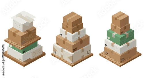 Isometric cardboard box towers in various arrangements and colors