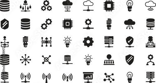 Black and white seamless pattern with networking and technology icons