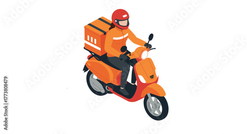 Isometric delivery scooter with rider in orange uniform on white background