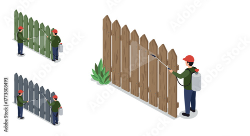 Worker spraying wooden fence with herbicide in isometric style variations