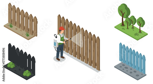 Isometric gardening scene worker spraying fence with diverse garden elements
